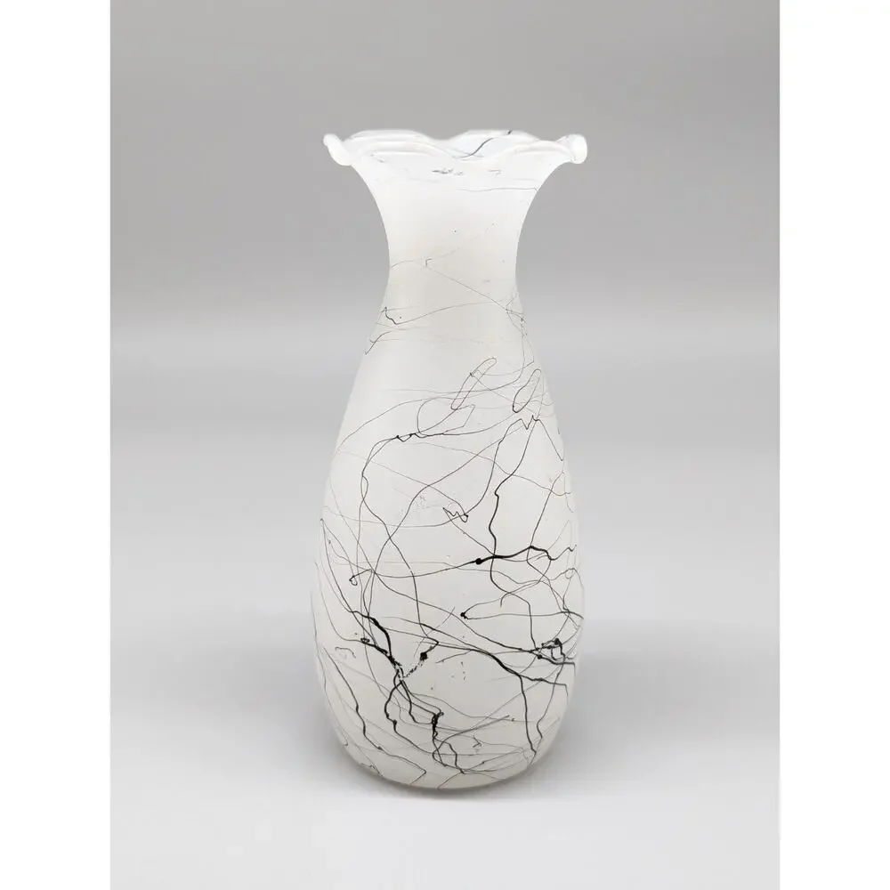 Vintage MCM White Frosted Glass Black Spaghetti Horsehair Design Bud Vase 6.5